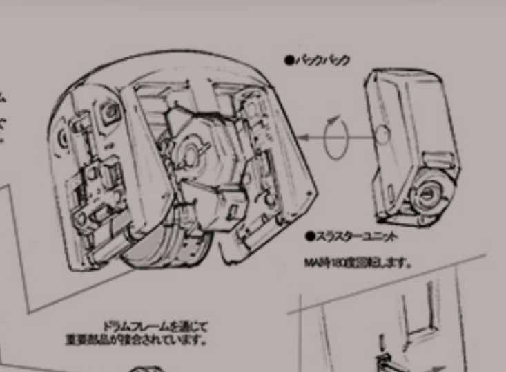 TAGANEga_ORETA's tweet photo. 建機アッシマーのリデザインで個人的に好きなポイントの一つとしてバックパックがありまして（急に）
原典ではMA用・MS用ってことで上下別々にスラスターがあるんですけど
AOZではユニット化されたスラスターが180°回転することで両形態の推進をまかなっているんですね https://t.co/QHK0ENu8t8