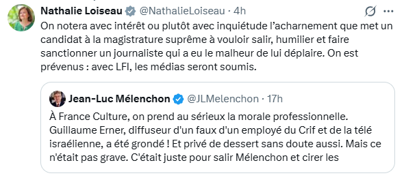 AlexHervaud's tweet photo. La clique continue à défendre Erner -reconduit à la rentrée par France Culture, sans souci- en inversant à nouveau les torts : il n'a pas "eu le malheur de [...] déplaire" à JLM, il a sciemment diffusé un montage mensonger commis par une officine douteuse. Personne n'est dupe. https://t.co/16AJ0XyShB