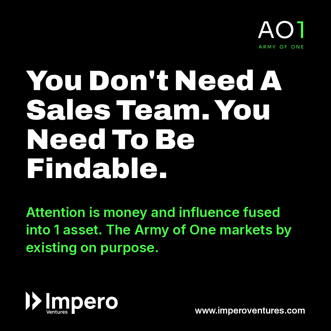 MikeNathanMBA's tweet photo. You don't need a sales team. You need to be findable. Attention is money and influence in 1 asset. The Army of One markets by existing. https://t.co/5vz4TPhx2I https://t.co/PqMDXgm75j
