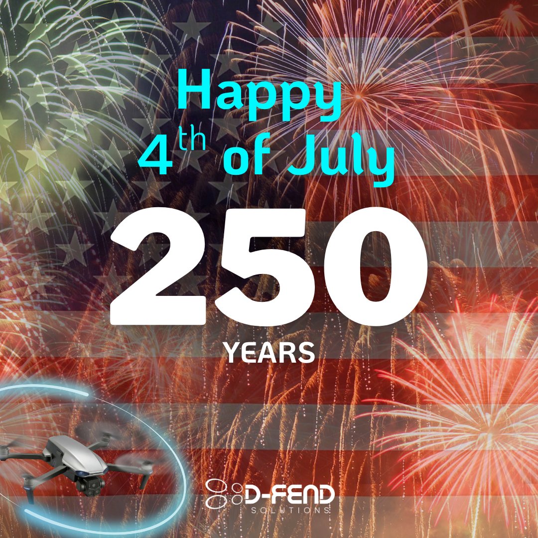 DFendSolutions's tweet photo. You should be looking skyward this 𝟰𝘁𝗵 𝗼𝗳 𝗝𝘂𝗹𝘆 to marvel at the fireworks, not to worry about rogue drones. Your BBQ should be the only hot situation!

Here’s to 250 years of freedom &amp; celebration, plus safe skies powered by quiet innovation.
Wishing you a great holiday. https://t.co/58SrKOQwmf