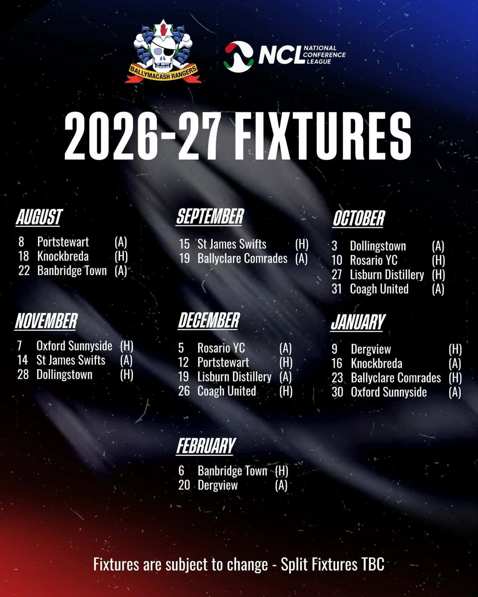 cashrangers's tweet photo. ππππ/ππ ππ°ππ’ππ¬ β³
Our league fixtures for the 2026/27 season have been confirmed, with the season getting underway with an away trip on 8th August to face Portstewart FC ποΈ
#upthecashπ΄ββ οΈπβ½οΈ https://t.co/m4lxeCrF2k