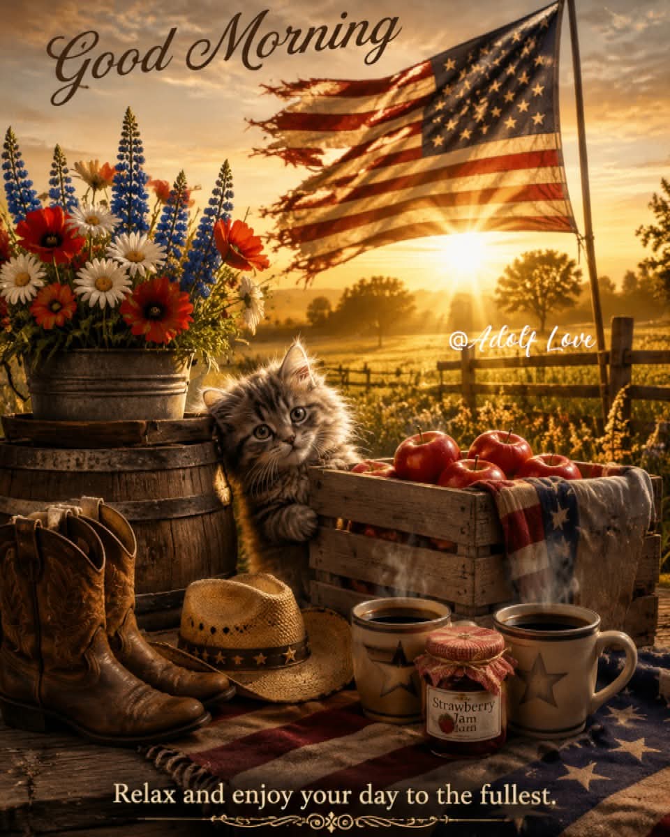 Poetryin2's tweet photo. A sweet goodmorning to everyone from the farm. Happy July 4th Eve. 
🙋‍♀️🇺🇸☕️ https://t.co/xmCmm8OgLh