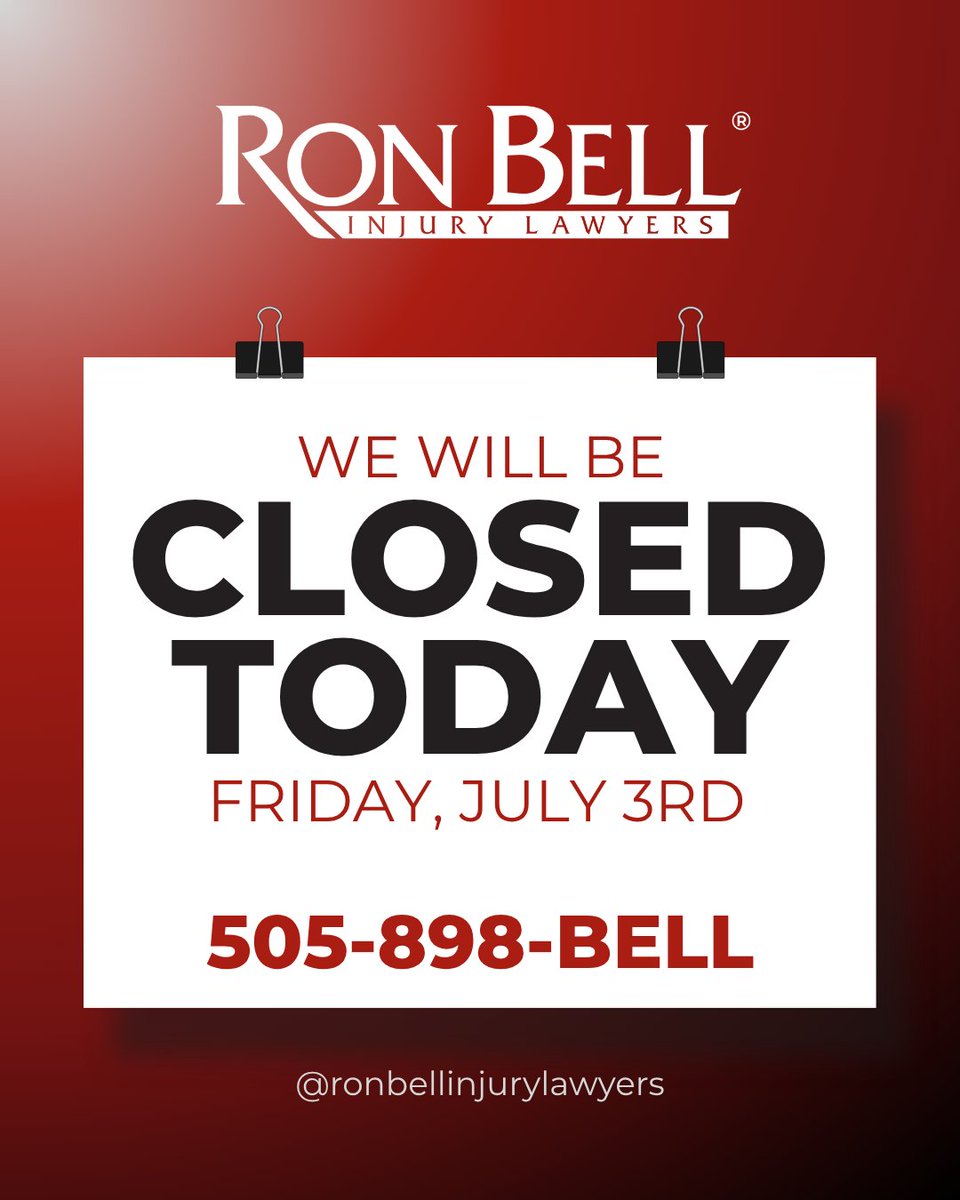 RonBellLawyers's tweet photo. In celebration of the holiday weekend, our office will be closed today, July 3rd. We will resume normal business hours (8am-5pm) on Monday, July 6th.

Our phone lines are open 24/7, so we're only a phone call away! If you need to reach us, feel free to call 505-898-BELL. https://t.co/nRbivkghEt