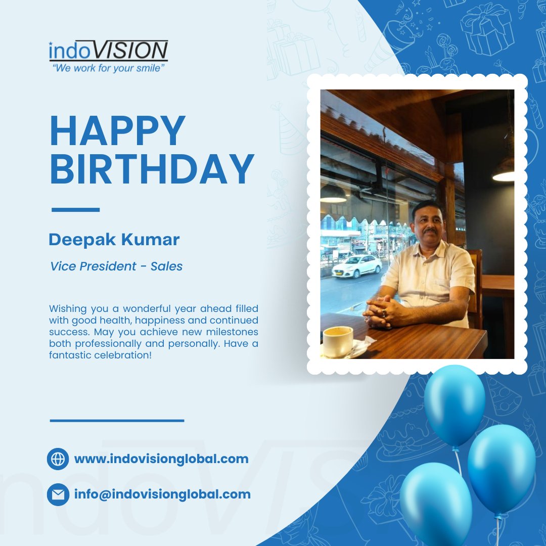 Indovision_S's tweet photo. 🎉 Happy Birthday to Deepak Kumar (Vice President – Sales) and Deepak Singh Selakoti (Project Manager – IT)! 🎂

Wishing you both good health, happiness, and continued success. Thank you for your dedication and valuable contributions to Indovision Services!

#HappyBirthday 🎈 https://t.co/MPz9X8t9Sd