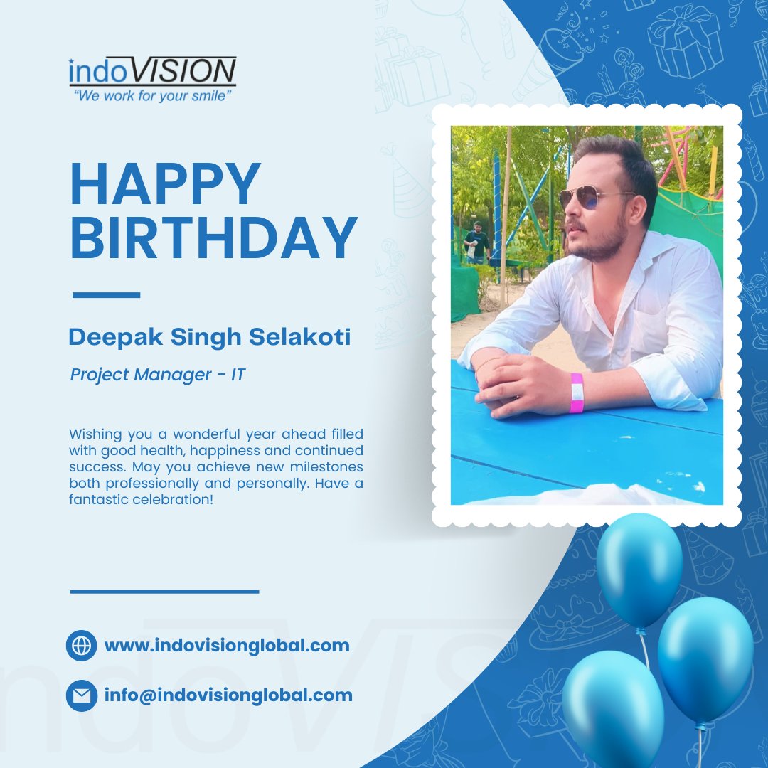 Indovision_S's tweet photo. 🎉 Happy Birthday to Deepak Kumar (Vice President – Sales) and Deepak Singh Selakoti (Project Manager – IT)! 🎂

Wishing you both good health, happiness, and continued success. Thank you for your dedication and valuable contributions to Indovision Services!

#HappyBirthday 🎈 https://t.co/MPz9X8t9Sd