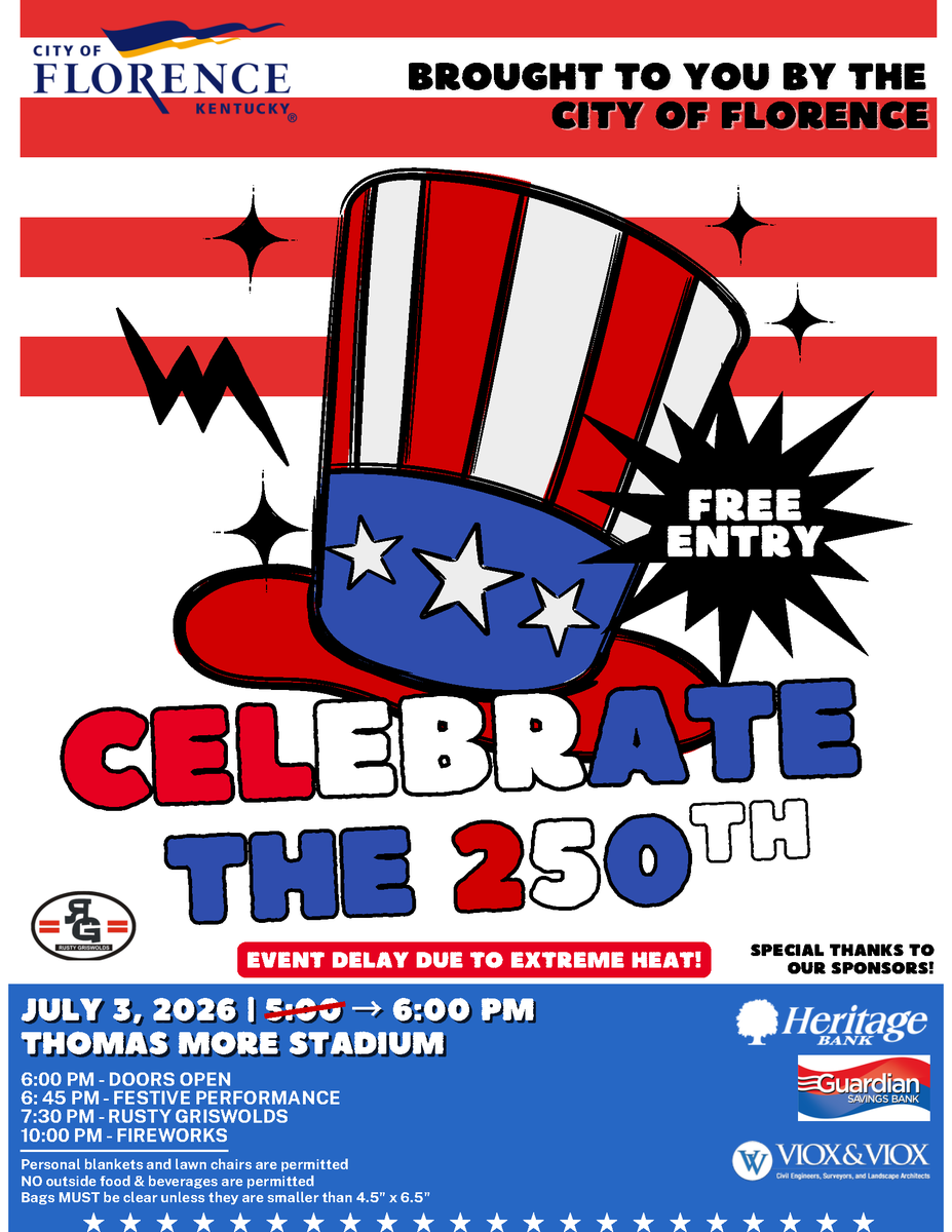 CityofFlorence's tweet photo. 🇺🇸  City offices are closed today, Friday, July 3, in observance of Independence Day. 🇺🇸
🎆 Join us tonight at Thomas More Stadium, Home of the Florence Y'alls, for the Independence Day Celebration beginning at 6:00 p.m.
🤍💙#FlorenceYall #IndependenceDay #FourthOfJuly https://t.co/qtBpflzLLD