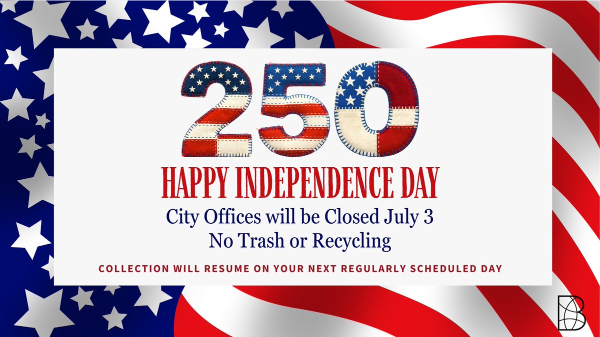 CityofBowie's tweet photo. Friendly reminder: City offices are closed for the Independence Day Holiday today, July 3. There is no trash or recycling today. Services will resume on your next regularly scheduled pickup day. https://t.co/GTyFu6TuUD