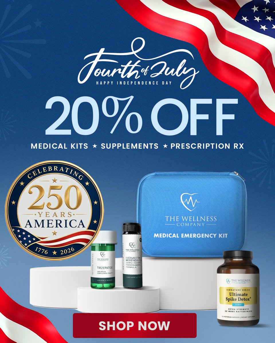 twc_health's tweet photo. 🇺🇸 4th of July Savings are our biggest of the year!!​

🎆 Save 20% sitewide​
🚑 Medical Kits​
🧬 Supplements​
👨‍⚕️ Physician-Guided Rx​
🔥 Sale runs through Sunday — shop now

https://t.co/XKlKJltP1i https://t.co/J388gZUEjC