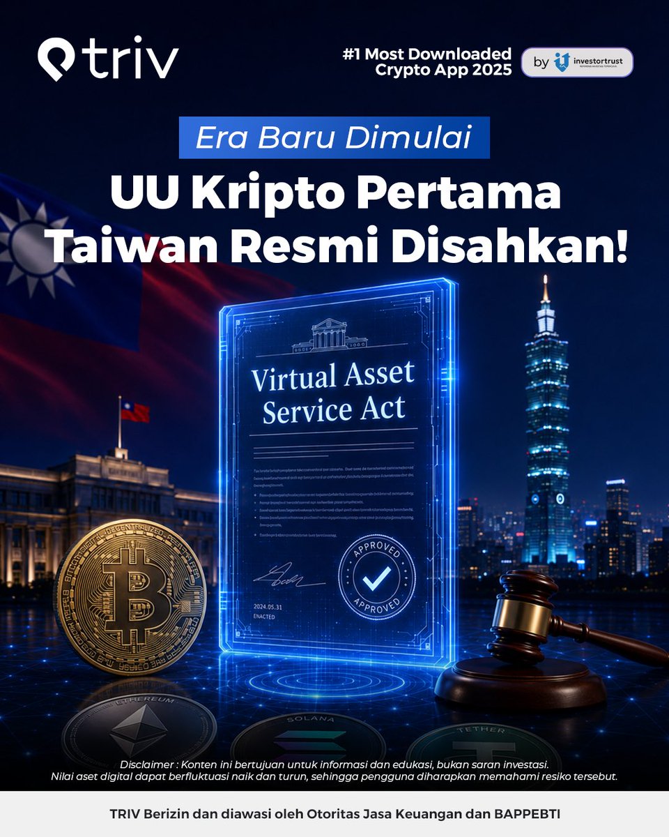 TrivExchange's tweet photo. Taiwan resmi mengesahkan Virtual Asset Service Act, yakni undang-undang kripto dan stablecoin pertama di negara tersebut. Semua platform kripto kini wajib kantongi lisensi dari Financial Supervisory Commission (FSC) sebelum beroperasi.

Sanksinya pun tegas, operasi tanpa lisensi bisa berujung penjara hingga 7 tahun, sementara penipuan dan manipulasi pasar diancam hingga 10 tahun penjara.

Taiwan sekarang sudah sah bergabung dengan Jepang, Singapura, dan Hong Kong sebagai negara dengan kerangka hukum formal untuk aset digital. 🚀
