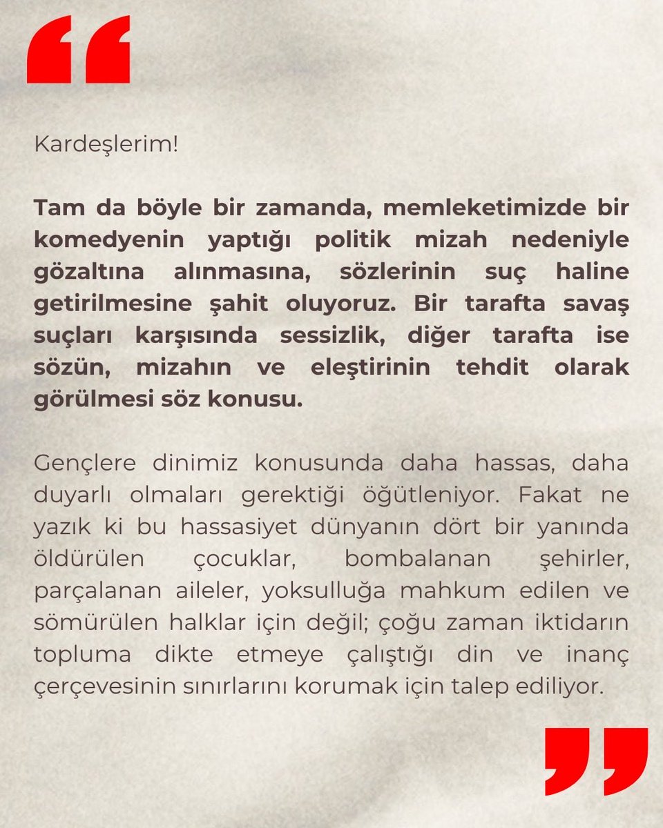 emekadalet's tweet photo. "Dinin mizahla, ironiyle zarar görüp yıprandığını iddia edenler, esas yıprananın kendi kırılgan din anlayışları olduğunu idrak etmelidir. İman, bir kırılganlık ve rövanş alma yarışı değildir. İman, adalet üzere durabilmektir." https://t.co/jmCGjqNEGQ