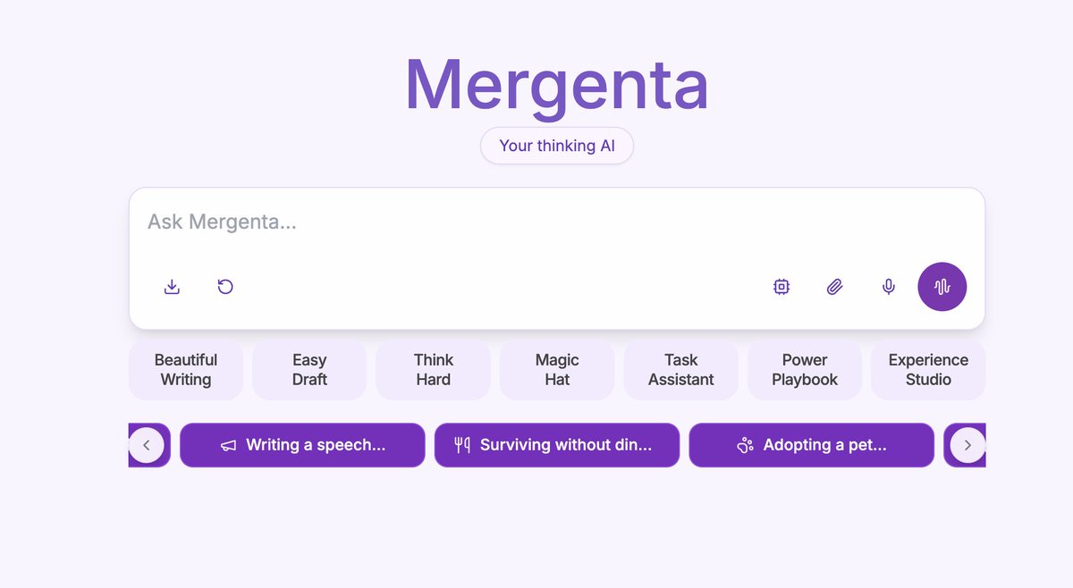 MergentaAI's tweet photo. Why start with a blank prompt?

With Insta Tabs on #MergentaAI, just tap a topic &amp; a complete, editable prompt instantly appears in the search bar.

🚀 No prompt writing.
✍️ Edit if needed.
🤖 Get better AI responses.

Currently, 100+ Insta Tabs are live, 250+ more on the way. https://t.co/zzUHuj85uF