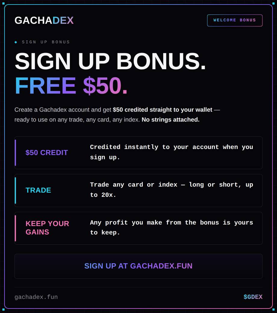 gachadexcards's tweet photo. Sign up to https://t.co/sNsGC6jm97 today and get a free $50 to place on a trade and keep the profit 

It's as simple as that 

🃏⚡️ https://t.co/rUWLzjNaeT