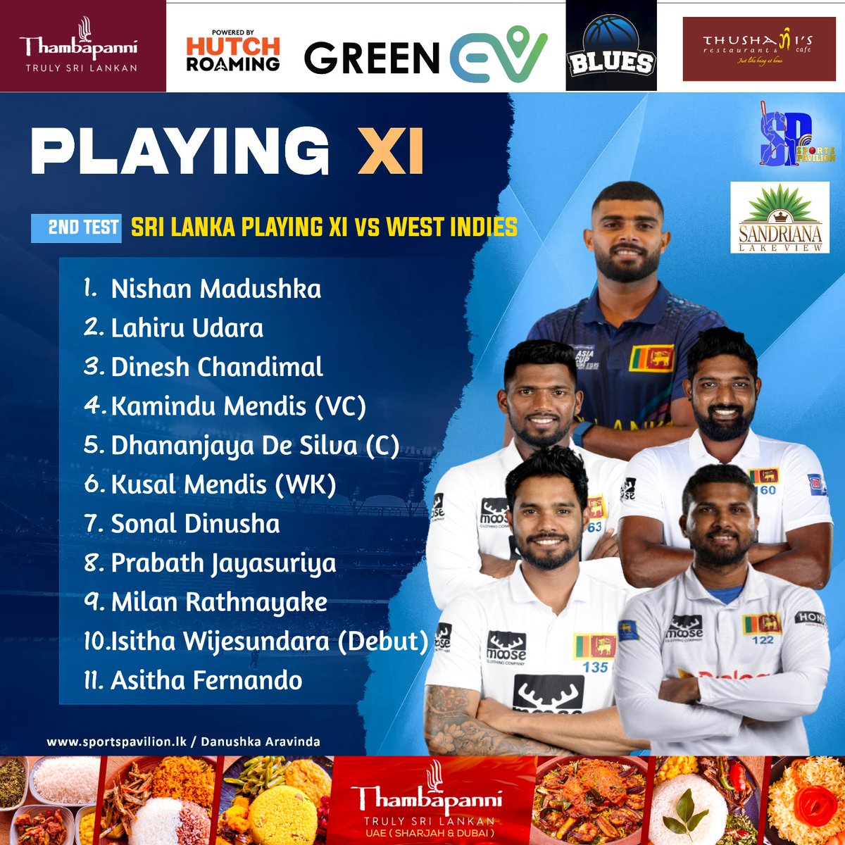 DanuskaAravinda's tweet photo. Sri Lanka Tour of the West Indies 2026
2nd Test Match : 🇱🇰 Playing XI
In : Lahiru Udara
Prabath Jayasuriya
Isitha Wijesundara - Debut
Out : Pathum Nissanka
Lahiru Kumara
Kasun Rajitha
#sportspavilionlk #danushkaaravinda #SLvsWI #SLvWI https://t.co/NZNq0LIyAj