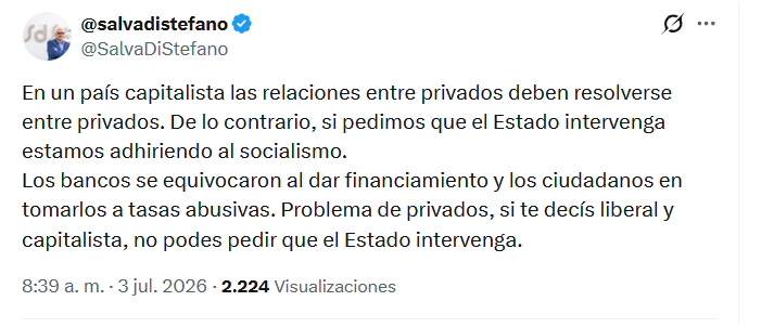 breinares's tweet photo. ¿Esto que dice Di Stefano será lo que piensa Milei de las casi 7 millones de personas expulsadas del mercado de crédito por deuda atrasada en préstamos para consumo o saldos de tarjeta? Sí. https://t.co/FHbeijfNJ8
