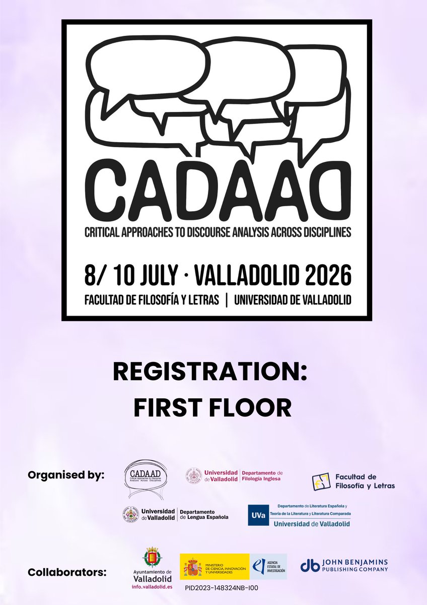 FyL_UVa's tweet photo. 🌍 Del 8 al 10 de julio, Valladolid acoge #CADAAD2026, uno de los principales encuentros internacionales sobre análisis crítico del discurso.

📍 8 de julio: nuestra facultad
📍 9 y 10: Palacio de Congresos Conde Ansúrez

🔗 https://t.co/eIa9DfVvn6 https://t.co/42xVHgner6