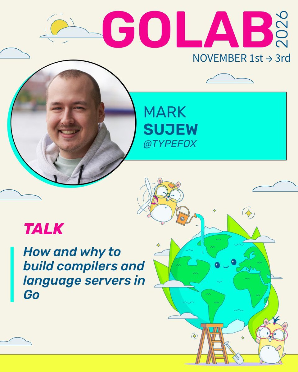 golab_conf's tweet photo. 🛠️ Great developer tools don't happen by accident.

At #GoLab2026, Mark Sujew explores why Go has become a powerful platform for building compilers, language servers, and large-scale developer tooling.

From ASTs and concurrency to performance and WASM, discover what makes Go a great fit for the next generation of tooling. 
https://t.co/2fbjMnEZXr