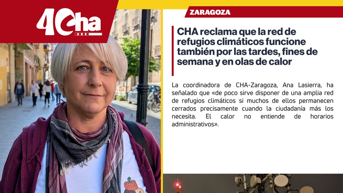 Aragonesista's tweet photo. 🌡️ CHA reclama que la red de refugios climáticos funcione también por las tardes, fines de semana y en olas de calor

Ana Lasierra: "El calor no entiende de horarios administrativos"

🔗 https://t.co/3e4jzyILXe https://t.co/Fzi9kis88a