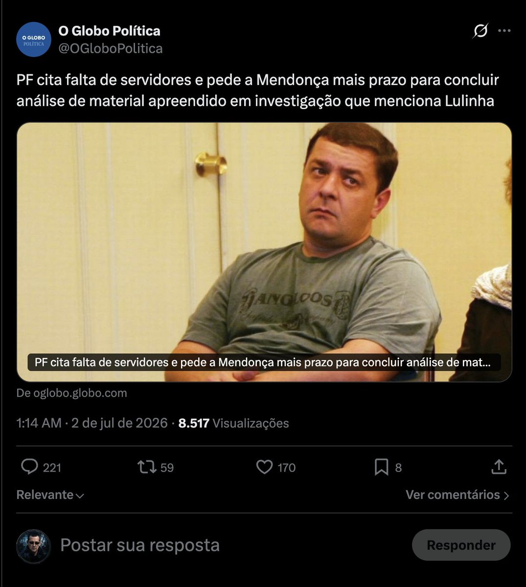 IceXTruths's tweet photo. Que coisa mais linda essa Polícia Federal do governo Lula.

Tem gente, avião, grana e disposição pra caçar Zambelli na Itália, Eustáquio na Espanha, Tagliaferro na Itália e Ramagem nos EUA…

Mas quando o assunto é analisar meia dúzia de provas que citam Lulinha, aí de repente faltam servidores, falta tempo, falta computador, falta até luz na sala.

Aí pedem mais prazo pro Mendonça, com cara de quem descobriu a América.

Prioridade é prioridade, né? Perseguir opositor é missão de Estado. Investigar filho do chefe? Isso é “falta de estrutura”.

A PF continua extremamente eficiente… contra quem incomoda o poder. Contra o resto, vira repartição pública em dia de sexta-feira à tarde.

Patético. E previsível.

País Democrático é assim que funciona.🤡