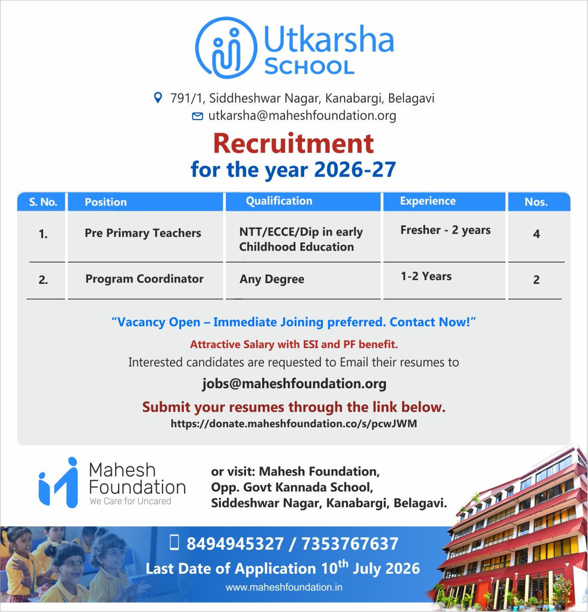 maheshfoundatio's tweet photo. We're Hiring
Mahesh Foundation is inviting passionate and dedicated individuals to be a part of our team.
Last Date to Apply: 10th July 2026

Email your resume: jobs@maheshfoundation.org

Apply here: https://t.co/58SRb7lDS7

For enquiries: 8494945327 / 7353767637 https://t.co/6yz3w39t8i