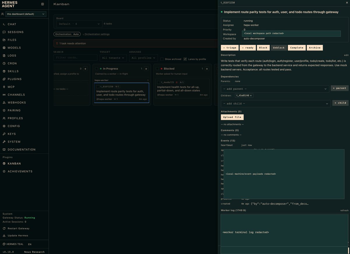 kaybarax's tweet photo. HEPA v1.0.0 is out.

After HOCA, HEPA brings Hermes Agent + Hermes Kanban into the full engineering loop: task board -> Pi Agent Harness -> validation -> review -> PR.

Visual, inspectable, parallel agentic coding.

https://t.co/iqwET0Roiv https://t.co/t40mnGR6lA