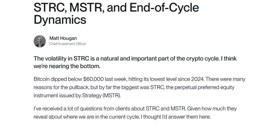 WuBlockchain's tweet photo. Bitwise CIO: Strategy Is No Longer Just a One-Way Bitcoin Buyer

Bitwise CIO Matt Hougan said Strategy is no longer just a one-way source of Bitcoin demand, arguing the company’s new capital framework gives it flexibility to monetize BTC when needed. He said the recent STRC volatility and MSTR pullback reflect classic end-of-cycle deleveraging, similar to the unwind of the GBTC premium, and suggested excess leverage is being flushed out of the crypto market.
