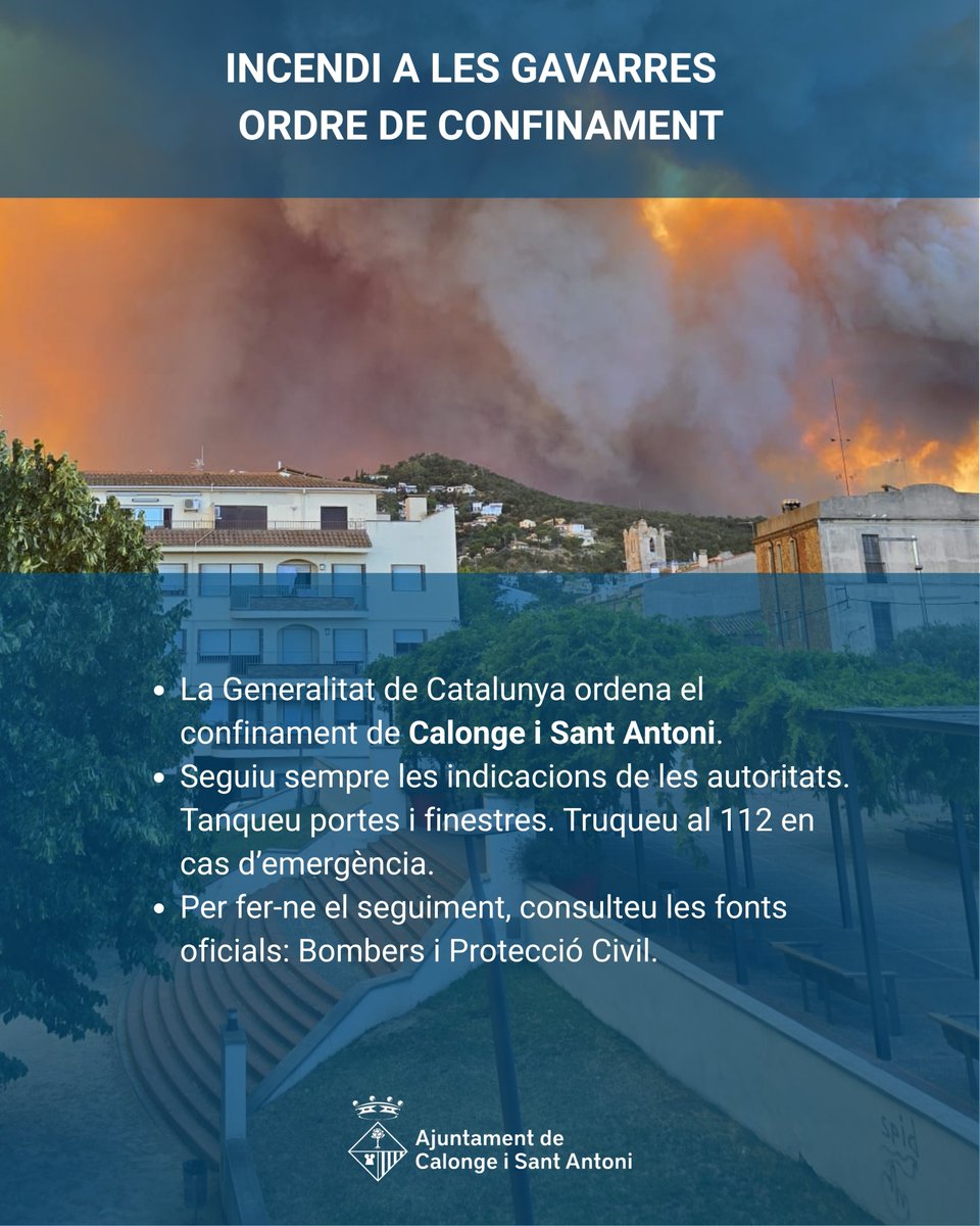 ajuntcalonge's tweet photo. - La Generalitat de Catalunya ordena el confinament de Calonge i Sant Antoni.
- Seguiu sempre les indicacions de les autoritats. Tanqueu portes i finestres. Truqueu al 112 en cas d’emergència.
- Per fer-ne el seguiment, consulteu les fonts oficials: Bombers i Protecció Civil. https://t.co/phg1aUf26q