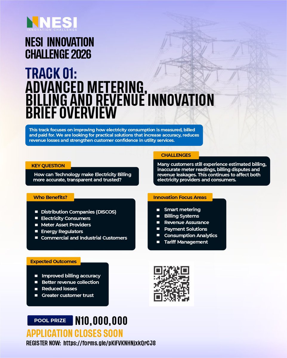 NESIChallenge's tweet photo. Estimated billing has frustrated consumers for too long.
Revenue leakages have cost the sector for too long.

Track 01 is looking for innovators ready to fix both.

The challenge is open.

https://t.co/yZ440hjxd3

#nesiinnovationchallenge #nesichallenge2026 #startupnigeria https://t.co/MFyDk967RP