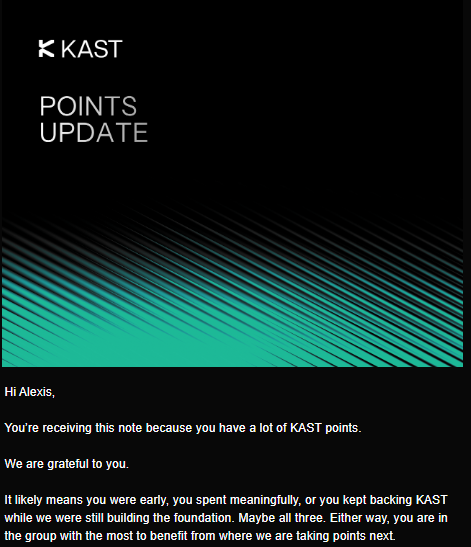 alexfi_sol's tweet photo. Just got the email from @KASTxyz, they're converting my KAST points into actual equity!
Super excited and genuinely honored to be part of this next chapter. Early believers are now becoming real owners 🙌
Real ownership over short-term hype any day. 

This is the way 🔥 https://t.co/bq79V8pu2M