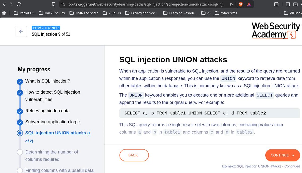 Cypher_484's tweet photo. 13/51 — SQLi UNION attack. ✅
UNION lets you attach a second query to the first — pulling data from tables it was never meant to expose.
One injection. Database spilling secrets.
@PortSwiggerAcademy 🔥 #Cybersecurity #sqlinjection https://t.co/yauG4RSbHA