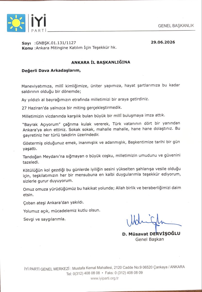 iyipartiankara's tweet photo. Genel Başkanımız Sn. Müsavat DERVİŞOĞLU ‘nun Tandoğan Bayrak Mitingi ile ilgili Ankara il teşkilatına Mesajı;

@MDervisogluTR 
@YenerYILDIRIM06 
@iyiparti https://t.co/VqfcCkFauu