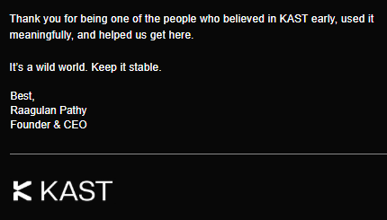 alexfi_sol's tweet photo. Just got the email from @KASTxyz, they're converting my KAST points into actual equity!
Super excited and genuinely honored to be part of this next chapter. Early believers are now becoming real owners 🙌
Real ownership over short-term hype any day. 

This is the way 🔥 https://t.co/bq79V8pu2M