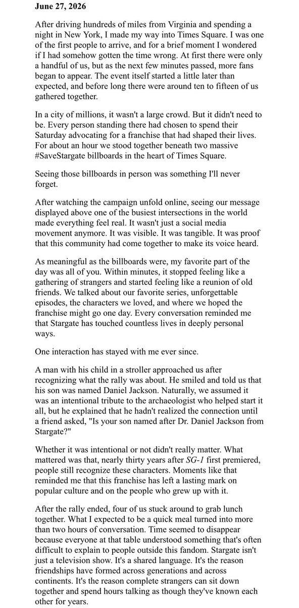 m_rosenbloom28's tweet photo. After attending the #SaveStargate event in New York City, I wrote this as a letter to Stargate fandom. I wanted to share it here. #Stargate #ScienceFiction #SciFi #StargateFans #SciFiFandom https://t.co/8XA2VhEJ9b