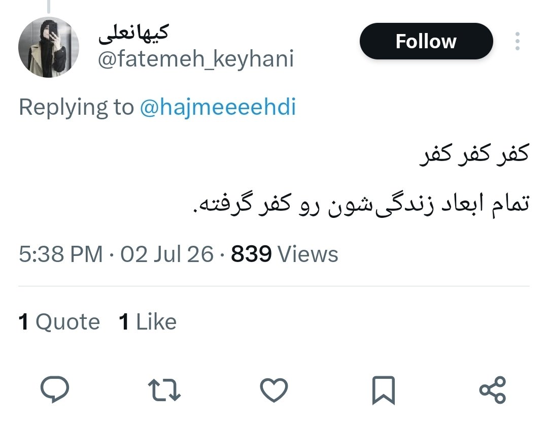oveys_'s tweet photo. کسایی که معتقدن جلوی آمریکا و اینا نباید وایستاد، به کسایی که از جونشون حاضرند بگذرن برای مقاومت، دارن میگن کافر
مثلا ظهور امام زمان یه دکمه‌س که وقتی زده بشه، همه این جماعت یهو آماده جهاد میشن https://t.co/PplGHL8PKo