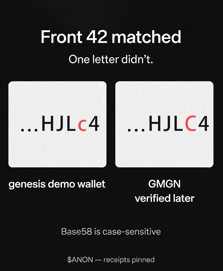 ANON_ArchiveDB's tweet photo. 42 characters matched.

The 43rd didn't.
The 44th matched again.

...c4 in the genesis demo.
...C4 later shown as verified.

Receipts pinned. https://t.co/hJWQ4jHfOm