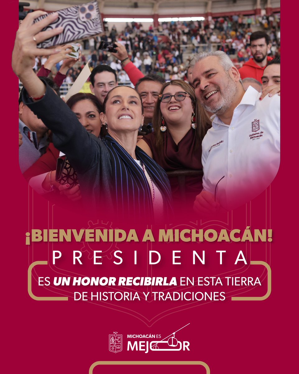 ARBedolla's tweet photo. ¡Bienvenida a Michoacán, Presidenta @Claudiashein ! Nuestra tierra, orgullosa de su historia y tradiciones, la recibe con los brazos abiertos. Su visita reafirma el compromiso de trabajar unidos para que la transformación llegue a cada rincón de nuestro estado, transformando la vida de cada familia michoacana. #MichoacánEsMejor