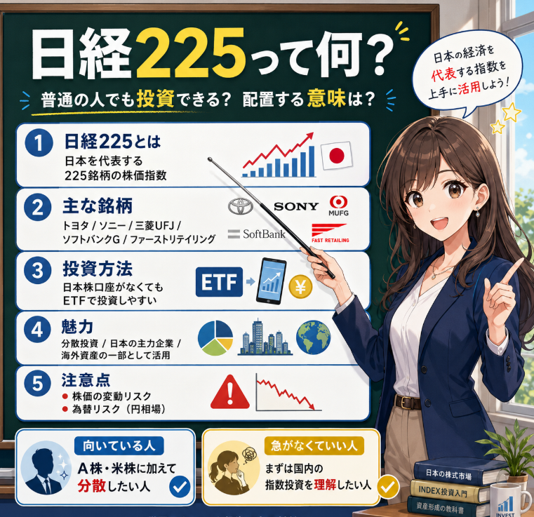 ya_man1013's tweet photo. 日経225は、ただのニュース指数ではない。

日本の主力企業にまとめて触れる
“日本株の入口”みたいな存在。

でも大事なのは、買うことより
為替リスクと分散効果を理解すること。

皆さんは日経225、ポートフォリオに入れていますか？ https://t.co/Bo963ezWSK