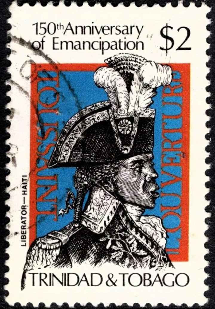 Haitianaute's tweet photo. 🇭🇹🇹🇹 Timbre postal portant l'effigie du Général Toussaint Louverture, émis par le gouvernement de Trinité-et-Tobago, à l'occasion de la commémoration du 150e anniversaire de l'abolition de l'esclavage dans le pays. #Haiti https://t.co/26AwUwFYnS