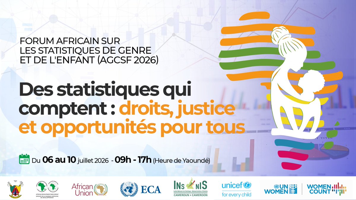unicefcameroon's tweet photo. Save the date ! 📅 

Le premier Forum africain sur les statistiques de genre et de l’enfant commence lundi 6 juillet. 

Suivez #AGCSF26 en ligne avec @UNICEFAfrica , @unwomenafrica , @ins_cameroun , @ECA_OFFICIAL , @AfDB_Group  et @_AfricanUnion . 

Inscription : https://t.co/5IA5EAWe8z