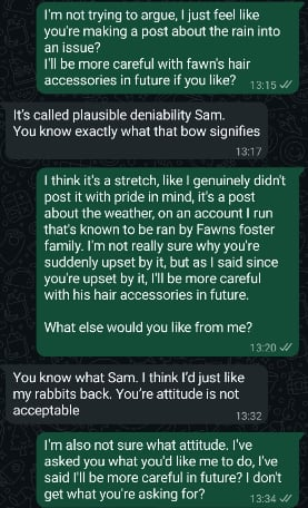 Wyldeflower94's tweet photo. @carrotcottagerr I'm having to post this because anyone who questions the charity seems to get blocked. If anyone's interested here is the chat where an independently run account was seemingly punished by rabbit removal for posting a rainbow bow pic: https://t.co/jj6r7U4Yvn