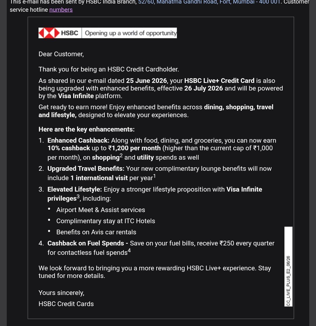 Urstruly_Gnana's tweet photo. HSBC Live+ enhanced benefits from 26th July.

👉🏻Network changes from Visa Signature to Visa Infinite

👉🏻10 percent upto 1200 per month on Food, Dining and Grocery Spends.

👉🏻1 Complimentary International Lounge access. https://t.co/pOOA1yocCg