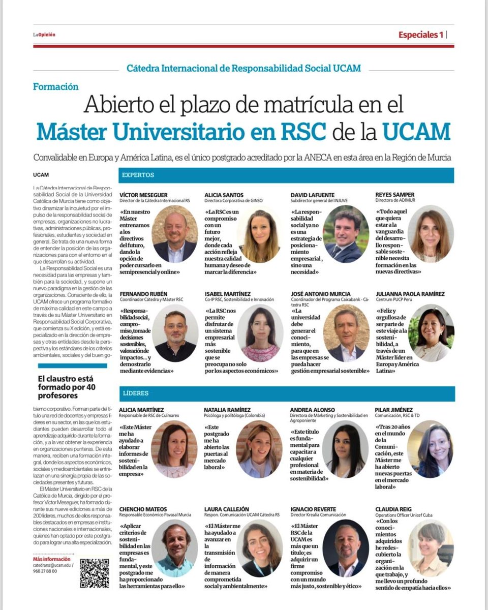 UCAMCatedraRSC's tweet photo. 🎓 Abierto el plazo de inscripción! Máster Universitario en Responsabilidad Social (2026-2027)

➡️Lleva tu perfil profesional al siguiente nivel con una formación 100% online, diseñada específicamente para compaginar con tu día a día laboral. 💼✨ https://t.co/9LLuNA8UtV