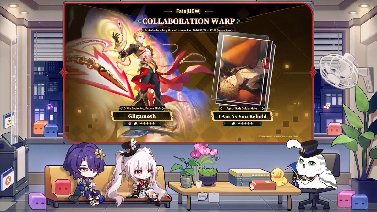 StarRailVerse1's tweet photo. Rin and Gilgamesh's banners will be available on July 24!

You can claim Gilgamesh or Archer for free and get a certain amount of their corresponding materials.

These collaboration banners will also be available LONG TERM

#HonkaiStarRail https://t.co/9kqLuCCEUI