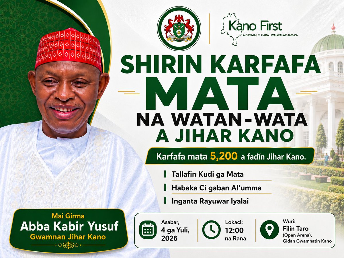 KanoRDD's tweet photo. ABBA KEEPS PROMISES!
Join us tomorrow for the Kano Women Monthly Empowerment Programme, where 5,200 women across the 44 Local Government Areas of Kano State will benefit from financial support and economic empowerment.
#AbbaKeepsPromises #KanoWomen #KanoState https://t.co/R4REqWe6Fj