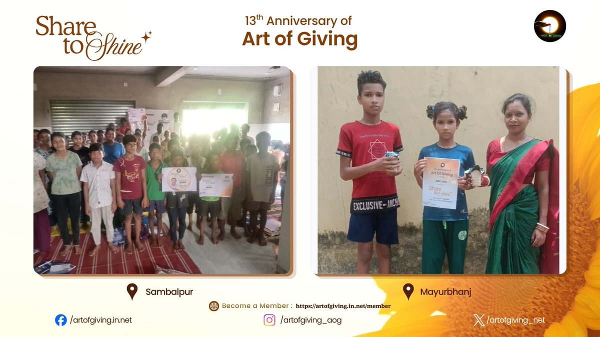 artofgiving_net's tweet photo. As the International Day of Art of Giving marks 13 inspiring years, the message of “Share to Shine” resonated across Keonjhar, Mayurbhanj, Jharsuguda, Sambalpur, Balangir, Kalahandi, Rayagada, Bhadrak, Kandhamal, Dhenkanal, Jagatsinghpur, and Khordha With a thoughtful gesture of giving, Ms. Pranajita Pradhan, Mr. Kashinath Murmu, Ms. Bhagyashree Mohanta, Mr. Ajay Kishan, Mr. Pramod Kisan, Ms. Subhashree Hansdah, Ms. Priyadarshani Bhoi, Mr. Kanhei Majhi, Mr. Jagannath Piripaka, Mr. Gokul Majhi, Ms. Shreema Srikanta Pattanayak, Ms. Samyashree Mohanty, Mr. Pedra Kanhar, Mr. Jyoti Prakash Barik, Ms. Saishree Senapati, Mr. Sudarsan Kisan, Ms. Banishree Hembram, Ms. Niharika Das, Mr. Rudrakesh Jena, Mr. Rashananda Behera helped spread smiles and positivity, showing how kindness can brighten lives in the simplest ways