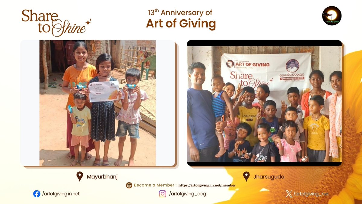 artofgiving_net's tweet photo. As the International Day of Art of Giving marks 13 inspiring years, the message of “Share to Shine” resonated across Keonjhar, Mayurbhanj, Jharsuguda, Sambalpur, Balangir, Kalahandi, Rayagada, Bhadrak, Kandhamal, Dhenkanal, Jagatsinghpur, and Khordha With a thoughtful gesture of giving, Ms. Pranajita Pradhan, Mr. Kashinath Murmu, Ms. Bhagyashree Mohanta, Mr. Ajay Kishan, Mr. Pramod Kisan, Ms. Subhashree Hansdah, Ms. Priyadarshani Bhoi, Mr. Kanhei Majhi, Mr. Jagannath Piripaka, Mr. Gokul Majhi, Ms. Shreema Srikanta Pattanayak, Ms. Samyashree Mohanty, Mr. Pedra Kanhar, Mr. Jyoti Prakash Barik, Ms. Saishree Senapati, Mr. Sudarsan Kisan, Ms. Banishree Hembram, Ms. Niharika Das, Mr. Rudrakesh Jena, Mr. Rashananda Behera helped spread smiles and positivity, showing how kindness can brighten lives in the simplest ways