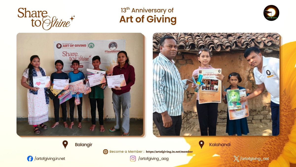 artofgiving_net's tweet photo. As the International Day of Art of Giving marks 13 inspiring years, the message of “Share to Shine” resonated across Keonjhar, Mayurbhanj, Jharsuguda, Sambalpur, Balangir, Kalahandi, Rayagada, Bhadrak, Kandhamal, Dhenkanal, Jagatsinghpur, and Khordha With a thoughtful gesture of giving, Ms. Pranajita Pradhan, Mr. Kashinath Murmu, Ms. Bhagyashree Mohanta, Mr. Ajay Kishan, Mr. Pramod Kisan, Ms. Subhashree Hansdah, Ms. Priyadarshani Bhoi, Mr. Kanhei Majhi, Mr. Jagannath Piripaka, Mr. Gokul Majhi, Ms. Shreema Srikanta Pattanayak, Ms. Samyashree Mohanty, Mr. Pedra Kanhar, Mr. Jyoti Prakash Barik, Ms. Saishree Senapati, Mr. Sudarsan Kisan, Ms. Banishree Hembram, Ms. Niharika Das, Mr. Rudrakesh Jena, Mr. Rashananda Behera helped spread smiles and positivity, showing how kindness can brighten lives in the simplest ways