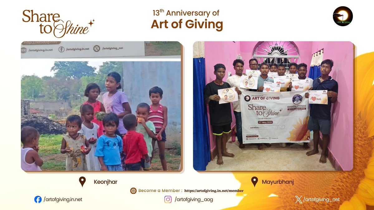 artofgiving_net's tweet photo. As the International Day of Art of Giving marks 13 inspiring years, the message of “Share to Shine” resonated across Keonjhar, Mayurbhanj, Jharsuguda, Sambalpur, Balangir, Kalahandi, Rayagada, Bhadrak, Kandhamal, Dhenkanal, Jagatsinghpur, and Khordha With a thoughtful gesture of giving, Ms. Pranajita Pradhan, Mr. Kashinath Murmu, Ms. Bhagyashree Mohanta, Mr. Ajay Kishan, Mr. Pramod Kisan, Ms. Subhashree Hansdah, Ms. Priyadarshani Bhoi, Mr. Kanhei Majhi, Mr. Jagannath Piripaka, Mr. Gokul Majhi, Ms. Shreema Srikanta Pattanayak, Ms. Samyashree Mohanty, Mr. Pedra Kanhar, Mr. Jyoti Prakash Barik, Ms. Saishree Senapati, Mr. Sudarsan Kisan, Ms. Banishree Hembram, Ms. Niharika Das, Mr. Rudrakesh Jena, Mr. Rashananda Behera helped spread smiles and positivity, showing how kindness can brighten lives in the simplest ways