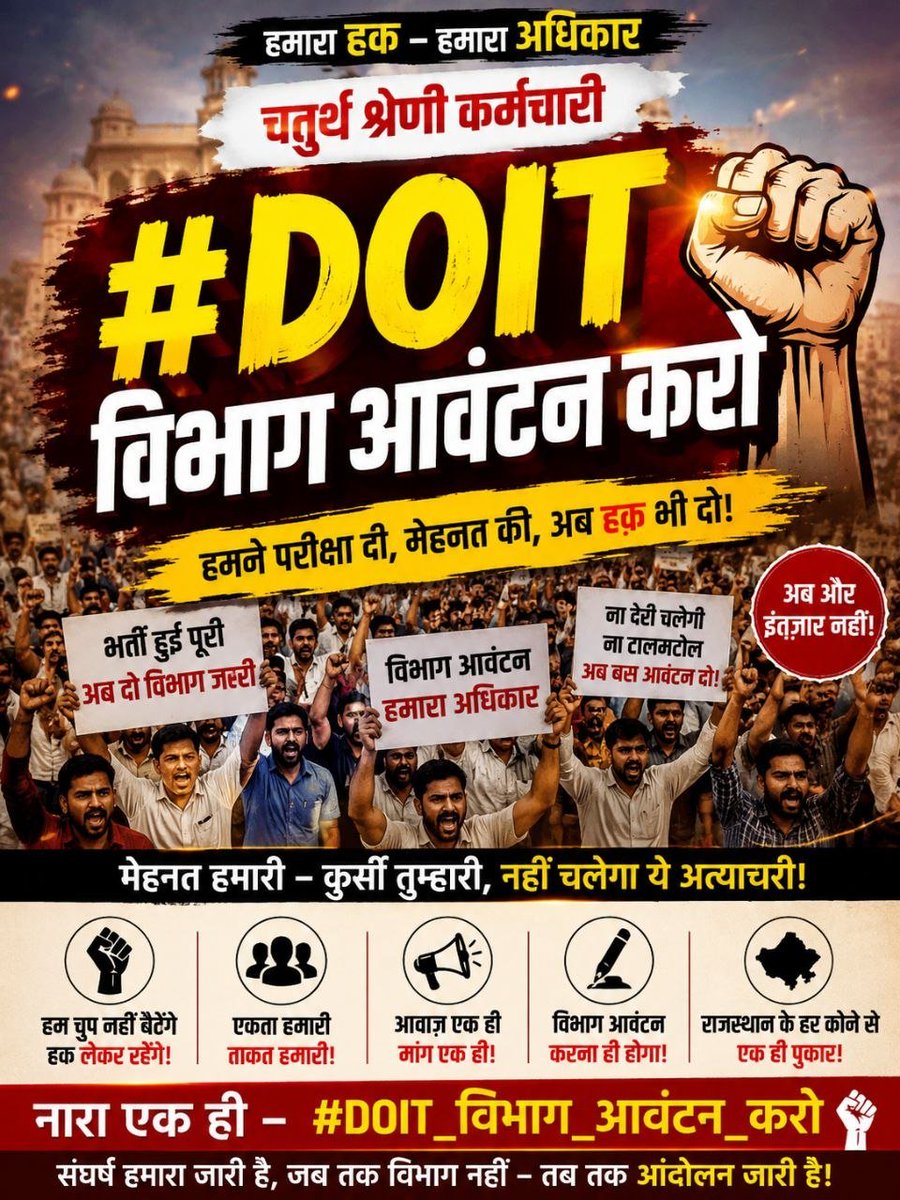 Mukesh_jat00's tweet photo. कल चतुर्थ श्रेणी कर्मचारी भर्ती के 44500 हजार अभ्यर्थियों को बिना विभाग आवंटन, बिना काउंसलिंग, बिना पदस्थापन स्थान जारी किए बधाई पत्र दिया जायेगा।
#DOIT_विभाग_आवंटन_करो 
#ARD_विभाग_आवंटन_करो https://t.co/2OD1cTzncd