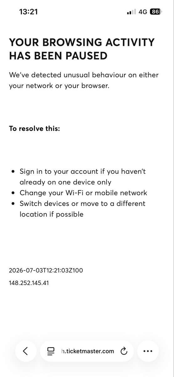 james_burrell's tweet photo. @TicketmasterUK why do you make everything such hard work. I can’t sign in to my account because I keep getting this error. Despite me coming off WiFi because for some reason you think I’m a bot. So explain how I’m supposed to access my tickets for an event this afternoon?!?! https://t.co/KTUNQ9fyRr